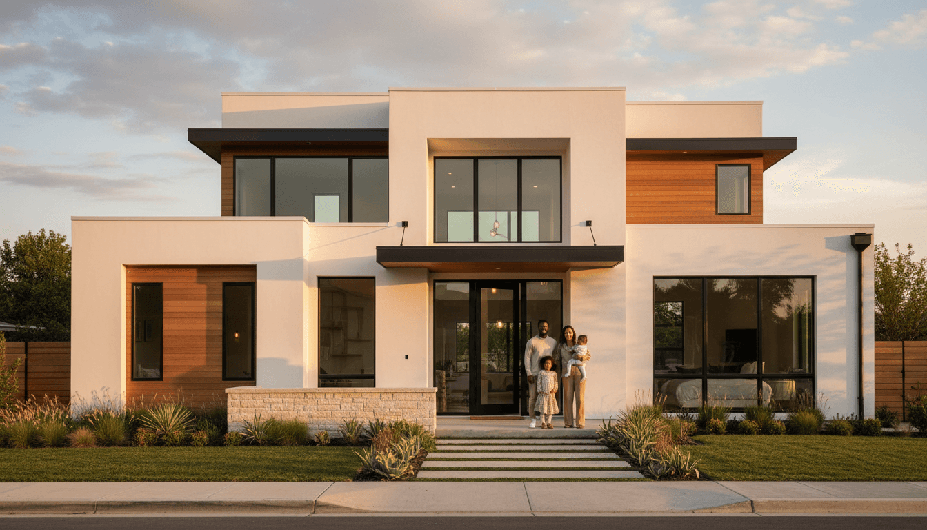 Young diverse family standing on front porch of newly completed contemporary home during golden hour sunset