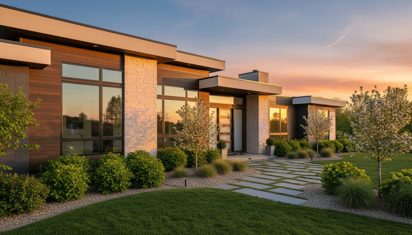 Modern newly-built residential home with contemporary architecture, mixed materials, and professionally landscaped front yard at golden hour
