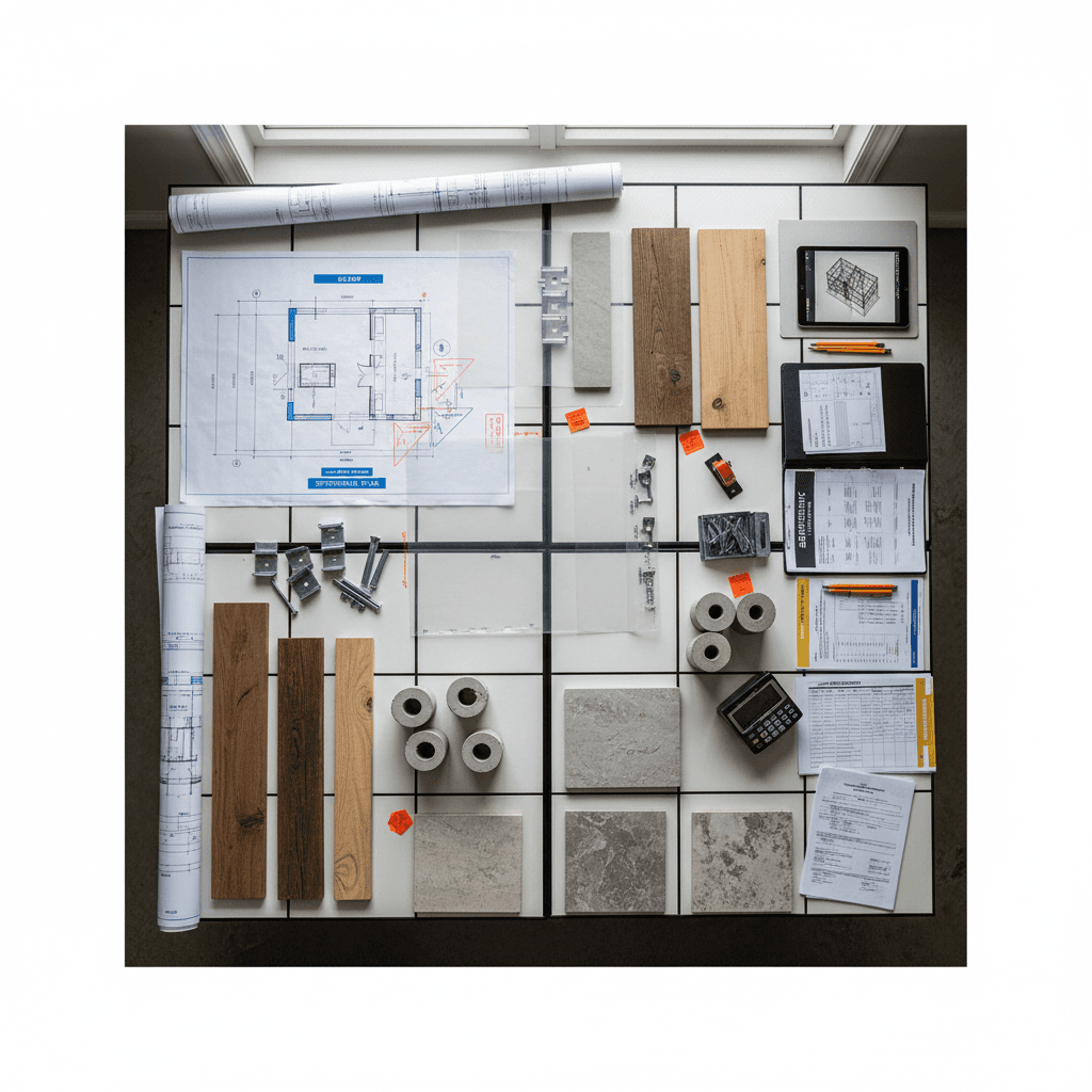 Overhead view of construction planning table with blueprints, material samples, safety documents, and measurement tools arranged